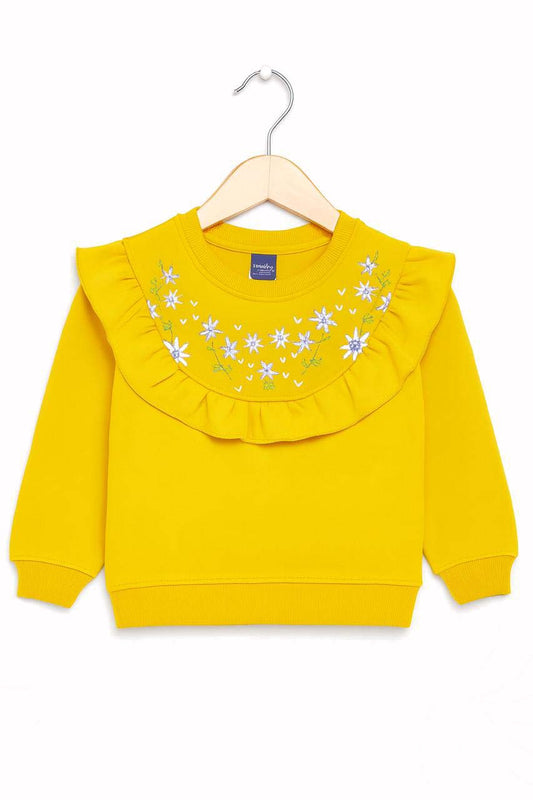 Girls Yellow Floral Embroidered Ruffle Sweatshirt
