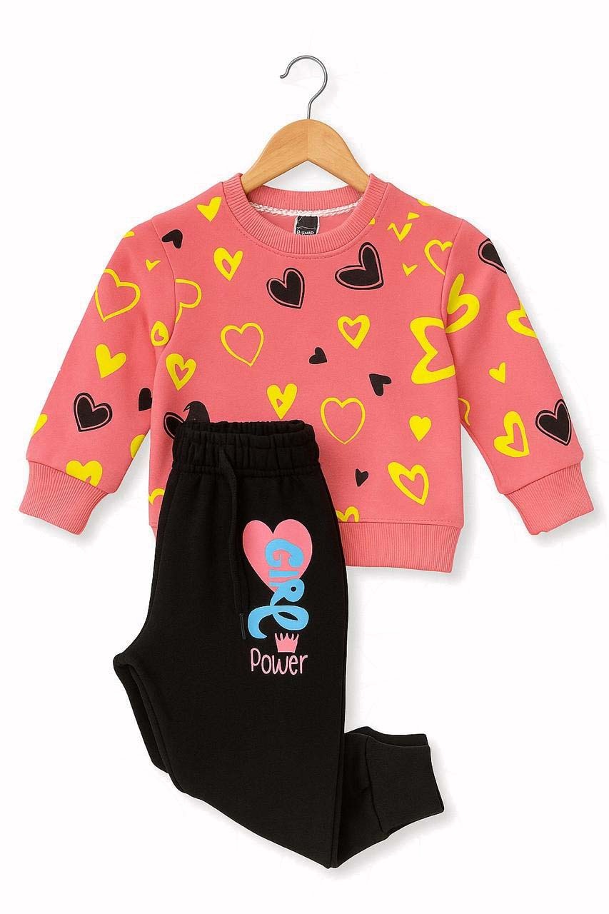 Girls Heart Print Pink & Black Tracksuit