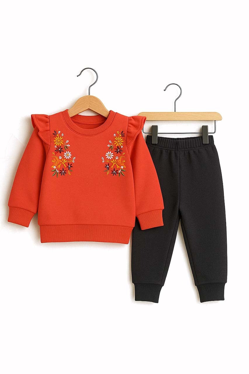 Girls Orange Floral Ruffle Tracksuit