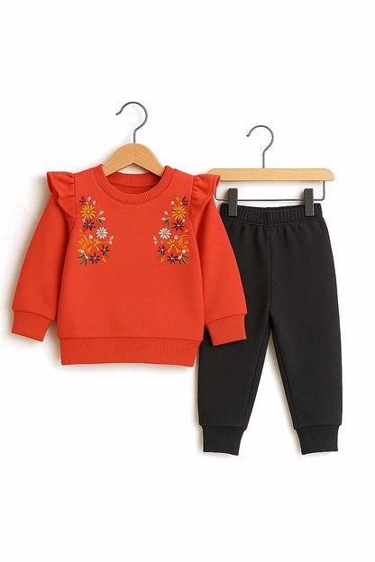 Girls Orange Floral Ruffle Tracksuit