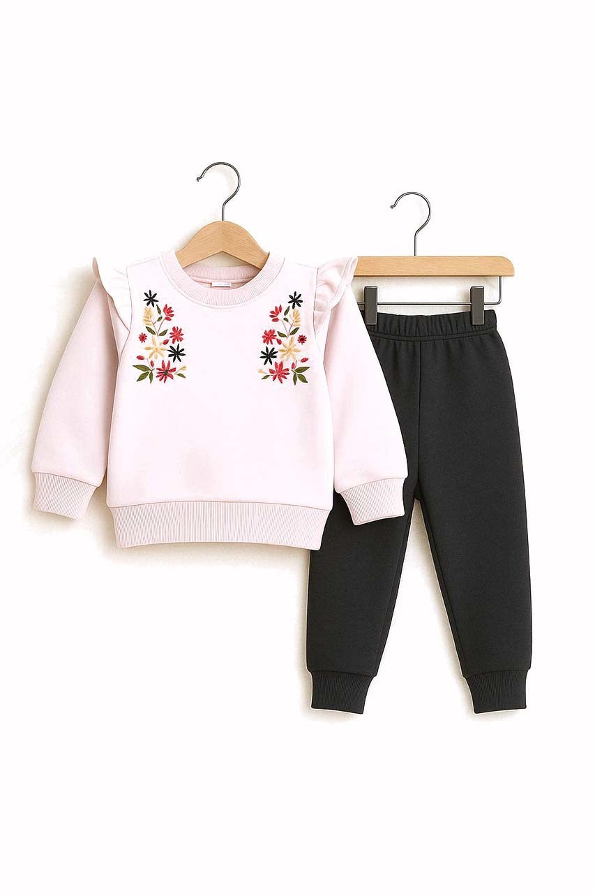 Girls Pink Floral Ruffle Tracksuit