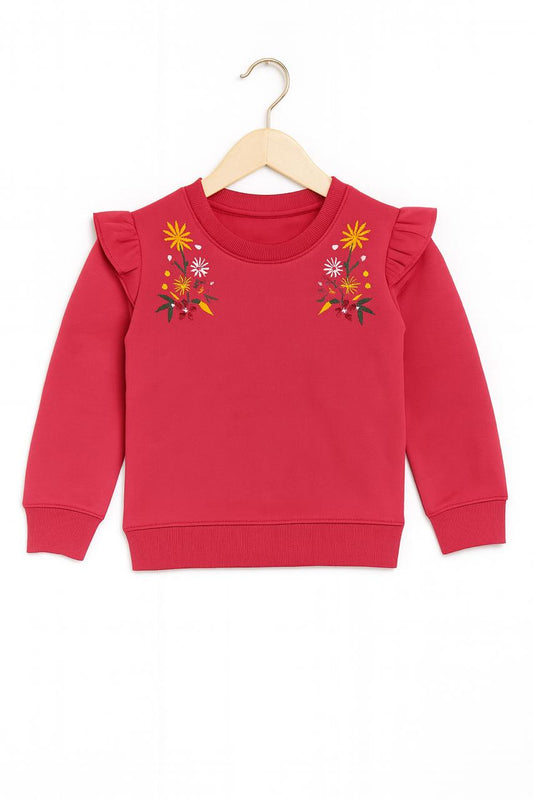 Girls Floral Embroidered Ruffle Sweatshirt